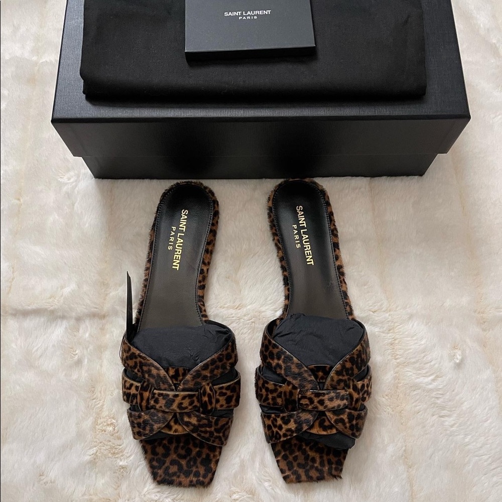 Saint Laurent Leopard-Print Knotted Slide Sandals - Brown/Black - Picture 7 of 9